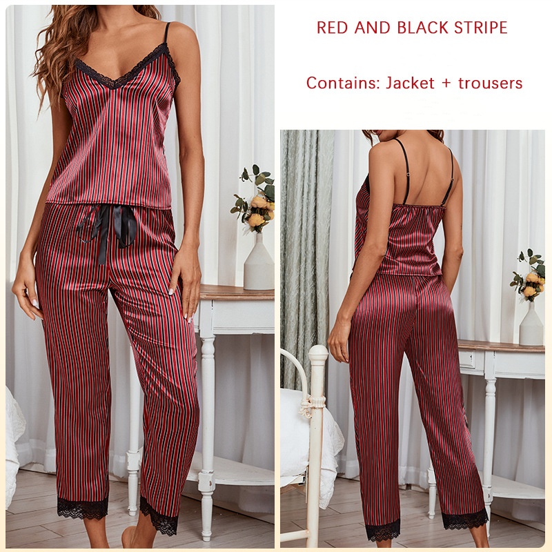 Womens Pajamas Set Tops and long pants Silk Pajamas Sexy Lace Striped Sleepwear